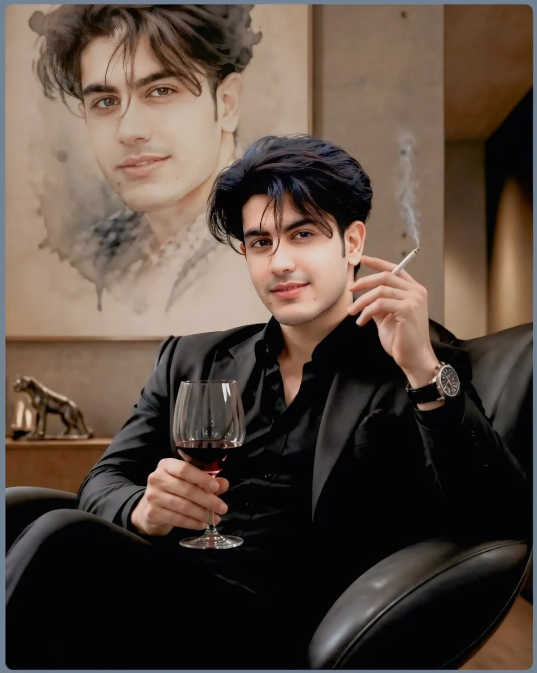 A high-quality, cinematic portrait of a handsome young man with messy black hair, sitting in a black luxury leather armchair.