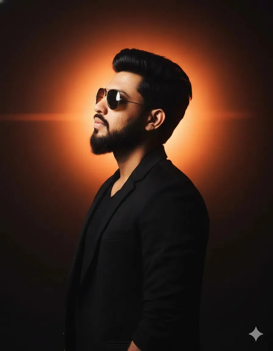 Prompt ✓ Ultra-realistic cinematic portrait of uploaded man in profile view, wearing a plain black jacket and aviator sunglasses.