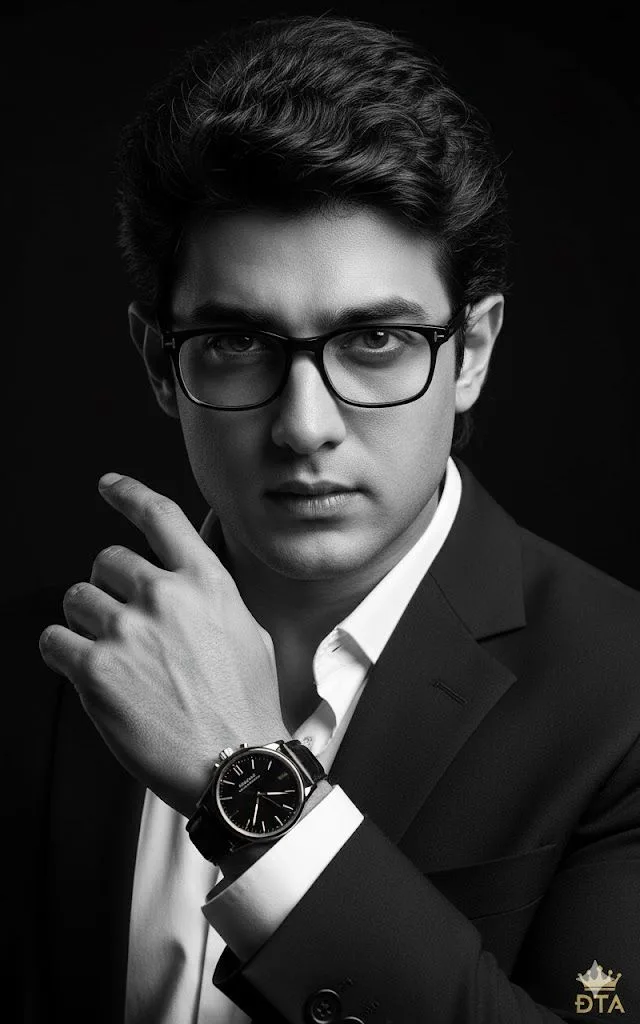 A classic, high-contrast black and white 9:16 portrait of a sharp-featured young South Asian man looking directly into the camera with a