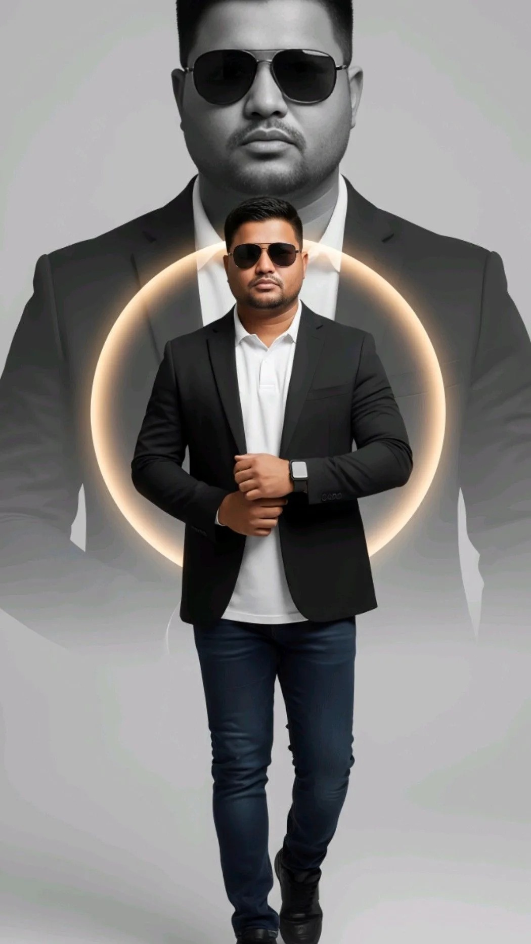 An absolute visual masterpiece, hyper-photorealistic and ultra-detailed full-body vertical portrait collage capturing a stylish South Asian