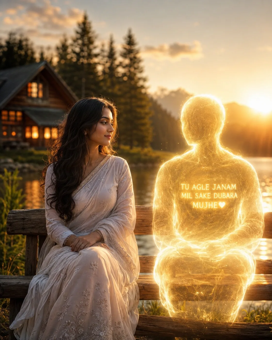 "A hyper-realistic cinematic portrait of a young Indian woman sitting on a rustic wooden bench beside a calm lake during golden hour.