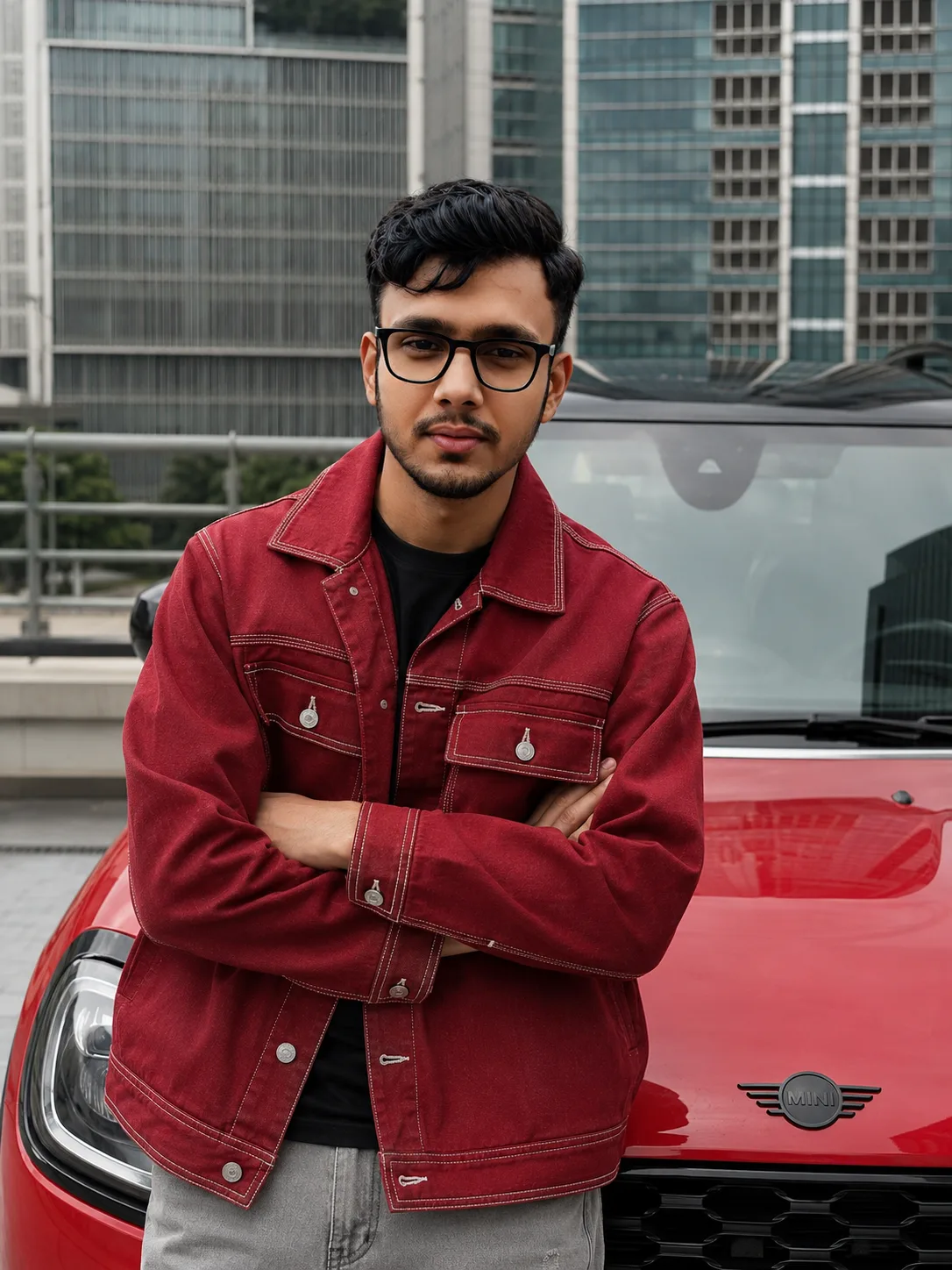 Create an ultra-realistic portrait of a stylish young Korean man standing in front of a red MINI Cooper parked on a modern city street with
