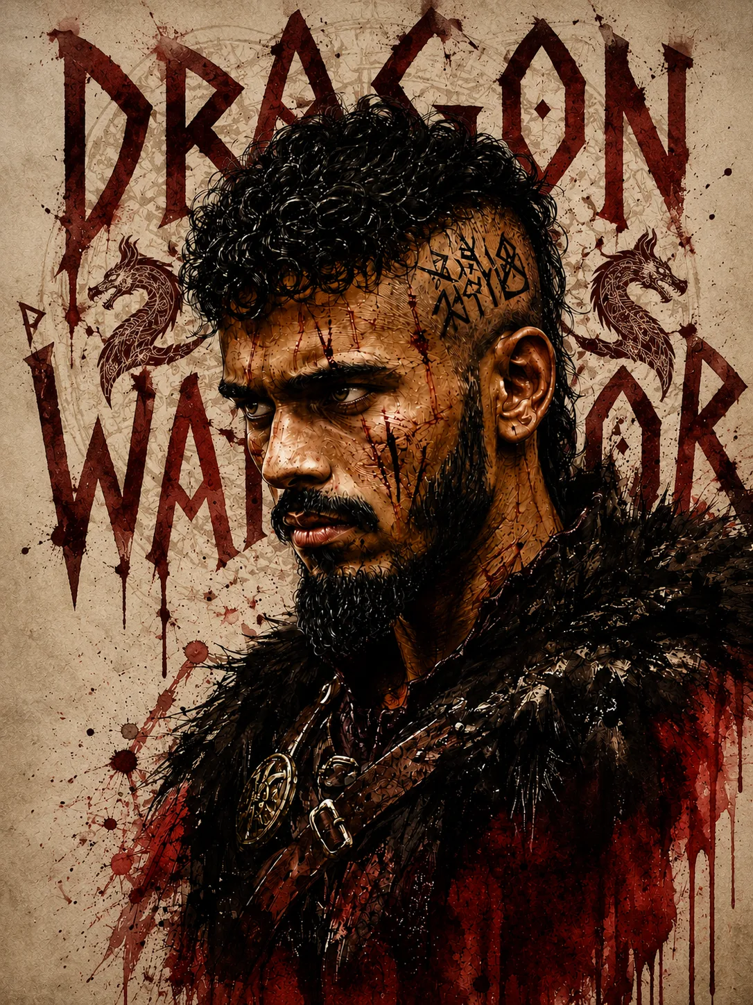Create a highly detailed, cinematic Viking-inspired warrior portrait in a gritty mixed-media ink, watercolor, and digital painting style.