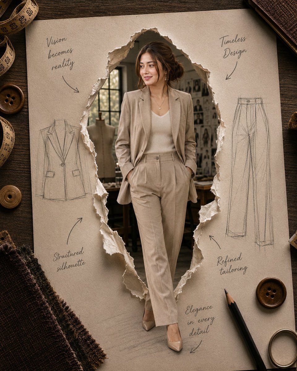 Create By Google Gamini Nano Banana Prompt: A luxury fashion editorial concept displayed on a vintage designer sketchbook lying on a rich