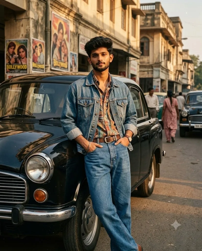 Create an ultra-realistic 1990s Indian Bollywood-style cinematic photo using my uploaded image as the ONLY identity reference.