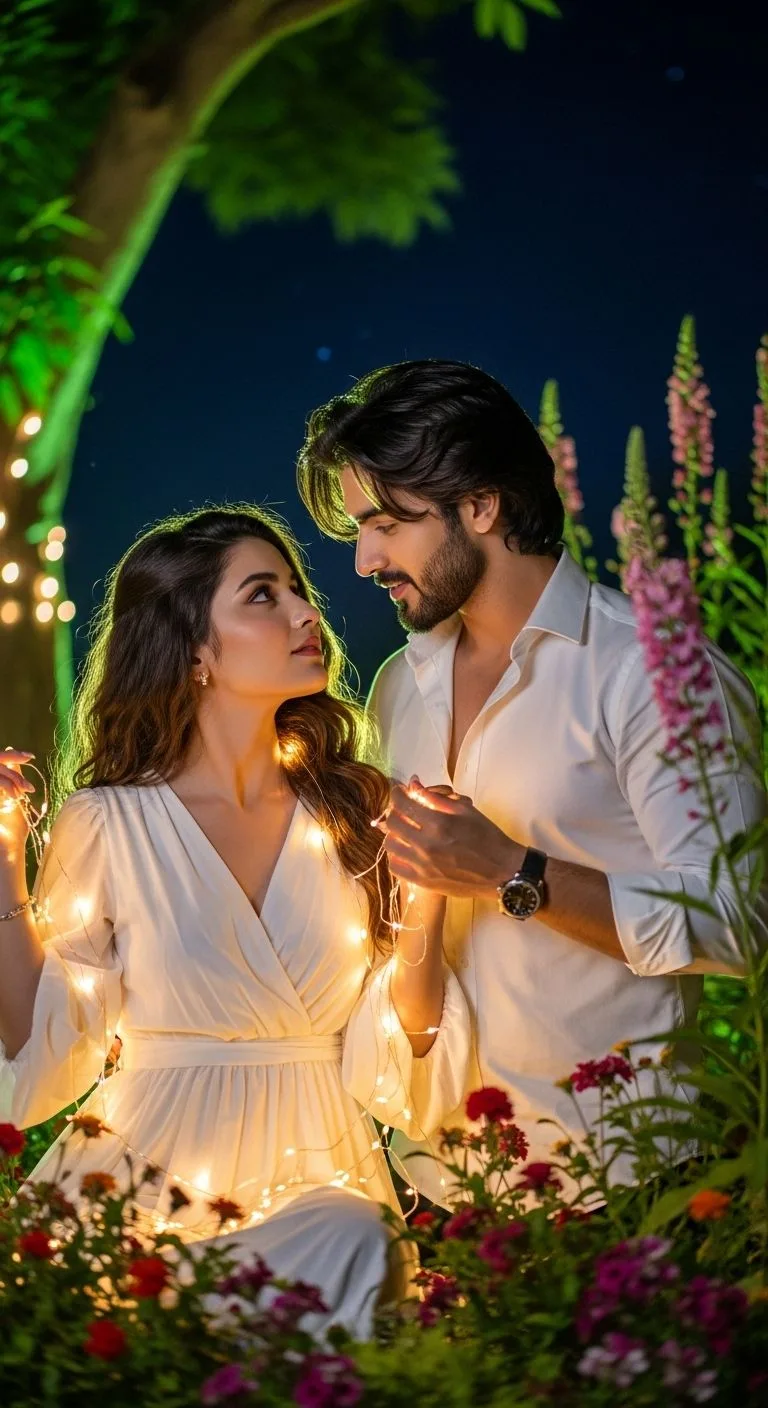 A highly detailed, photorealistic medium-shot portrait of a beautiful romantic South Asian couple posing together outdoors at night in a