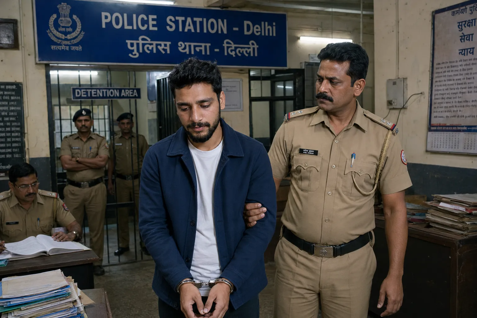 @Create image Generate A realistic, high-detail photograph of the interior of an Indian police station.
