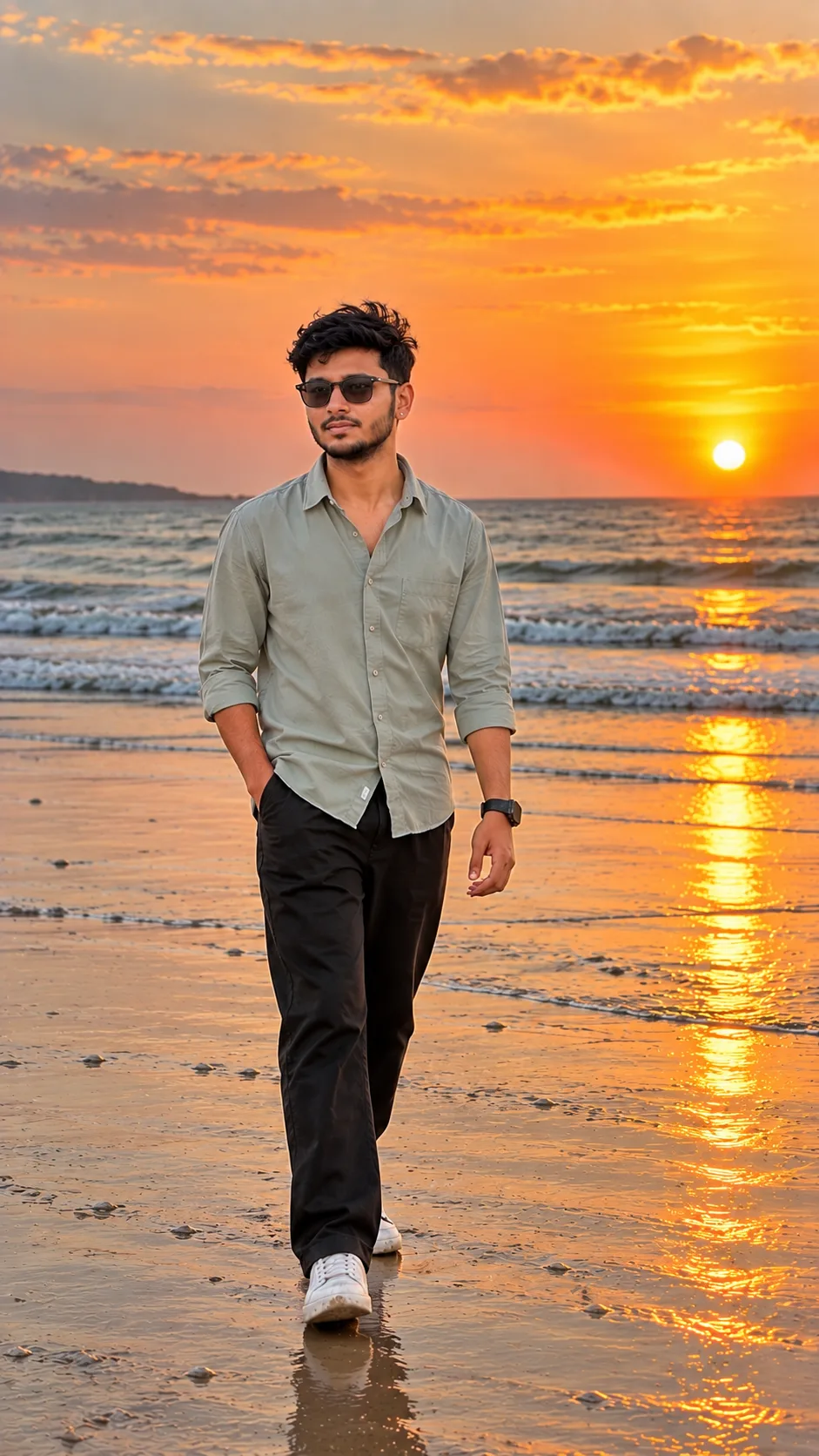 Create an ultra-realistic, high-resolution cinematic beach sunset portrait based exactly on the uploaded reference image.