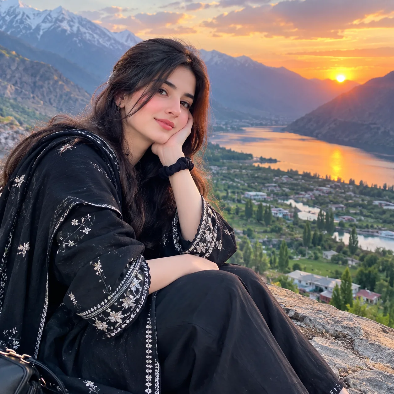 Create an ultra-realistic, high-resolution cinematic portrait of a beautiful young South Asian woman sitting gracefully on a natural rocky