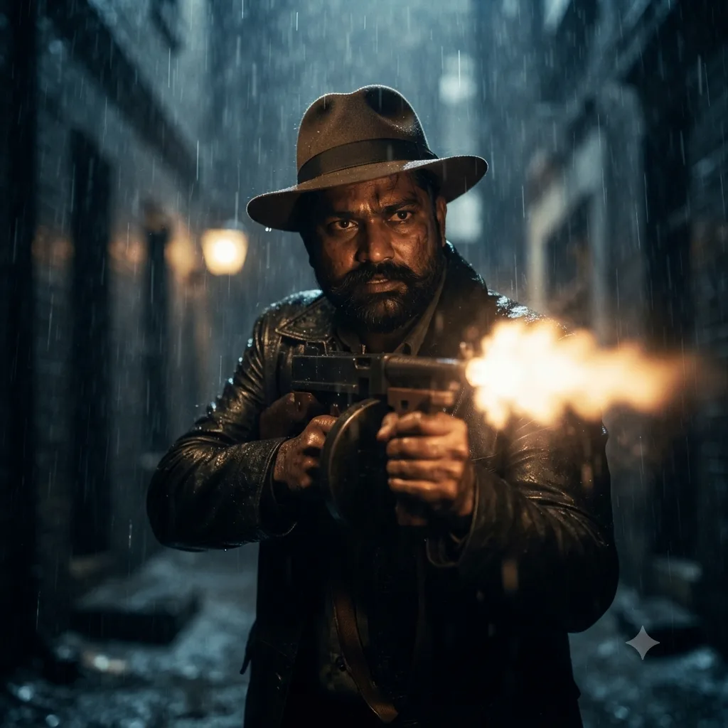 A cinematic action film still of a rugged man with a thick dark beard and mustache, wearing a classic fedora hat and a dark leather jacket,