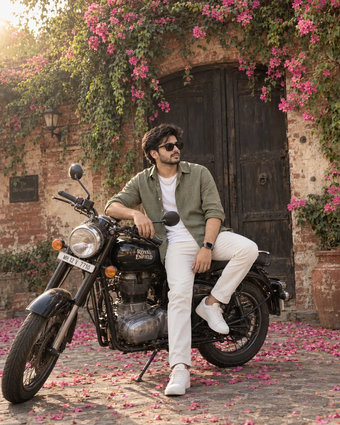 Ultra realistic cinematic DSLR photograph of a young South Asian man casually sitting on a black Royal Enfield motorcycle in a beautiful