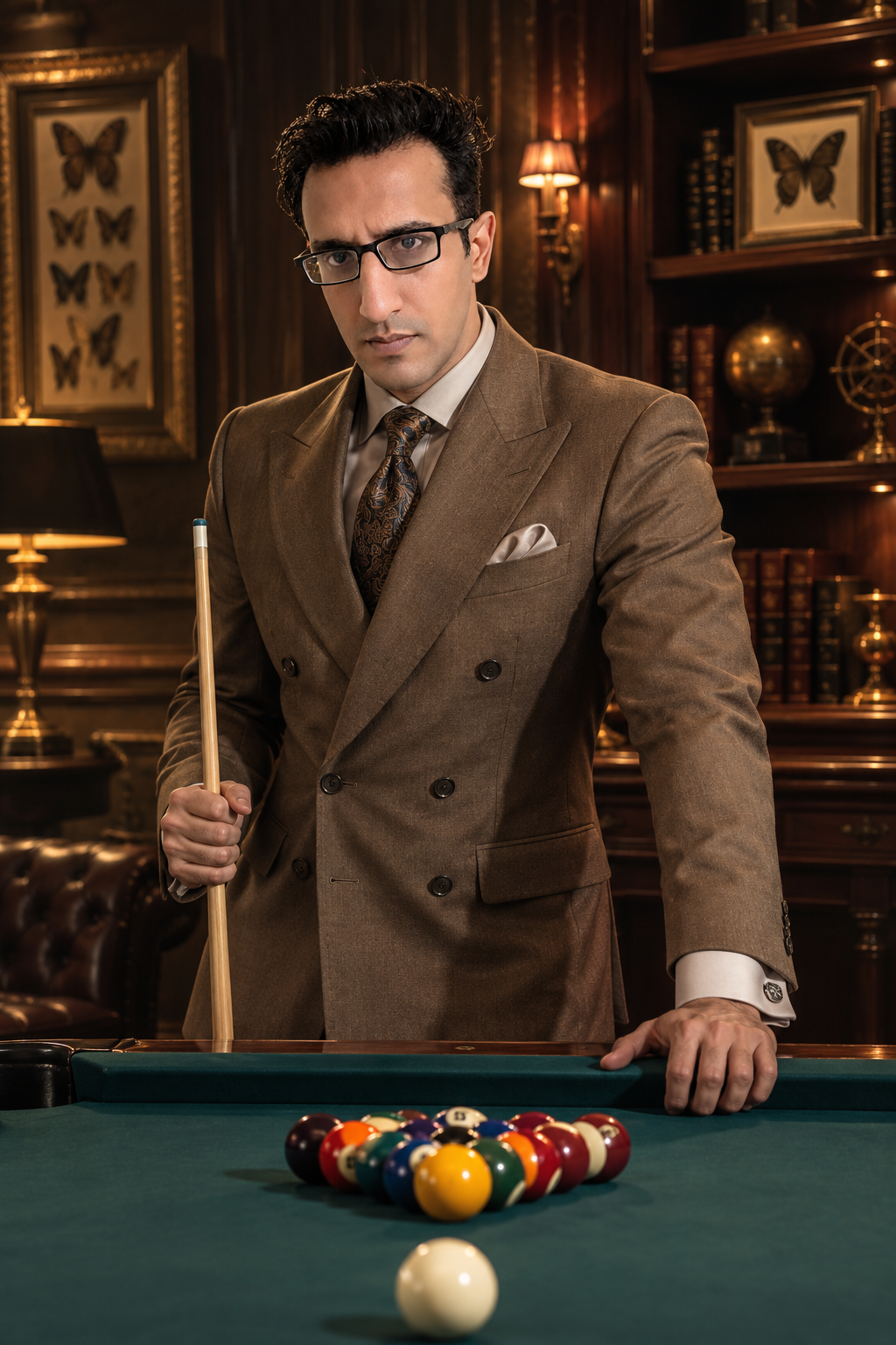 Realistic cinematic portrait of a man standing at a pool table in a luxurious vintage room.