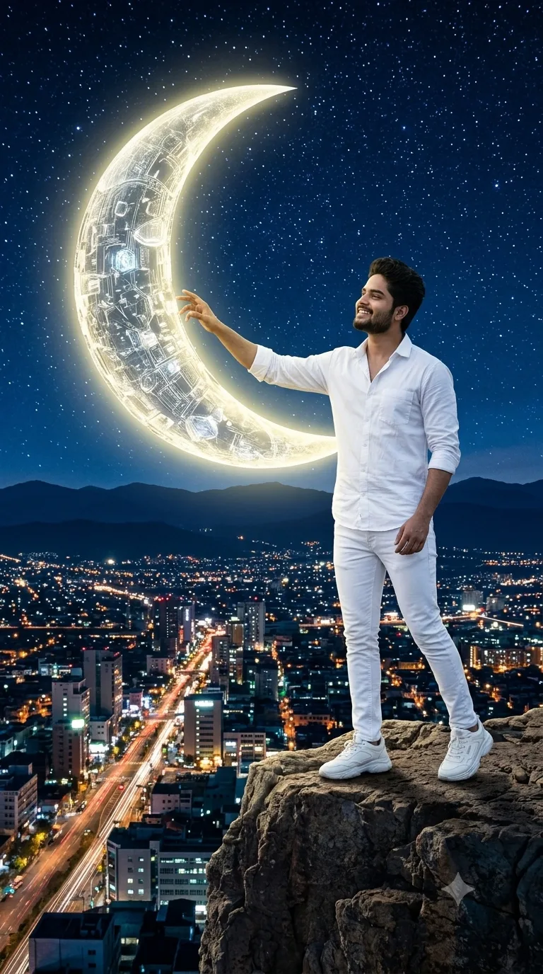 A surreal, high-quality cinematic photograph of a young South Asian man dressed entirely in clean white clothing—a white button-up shirt,