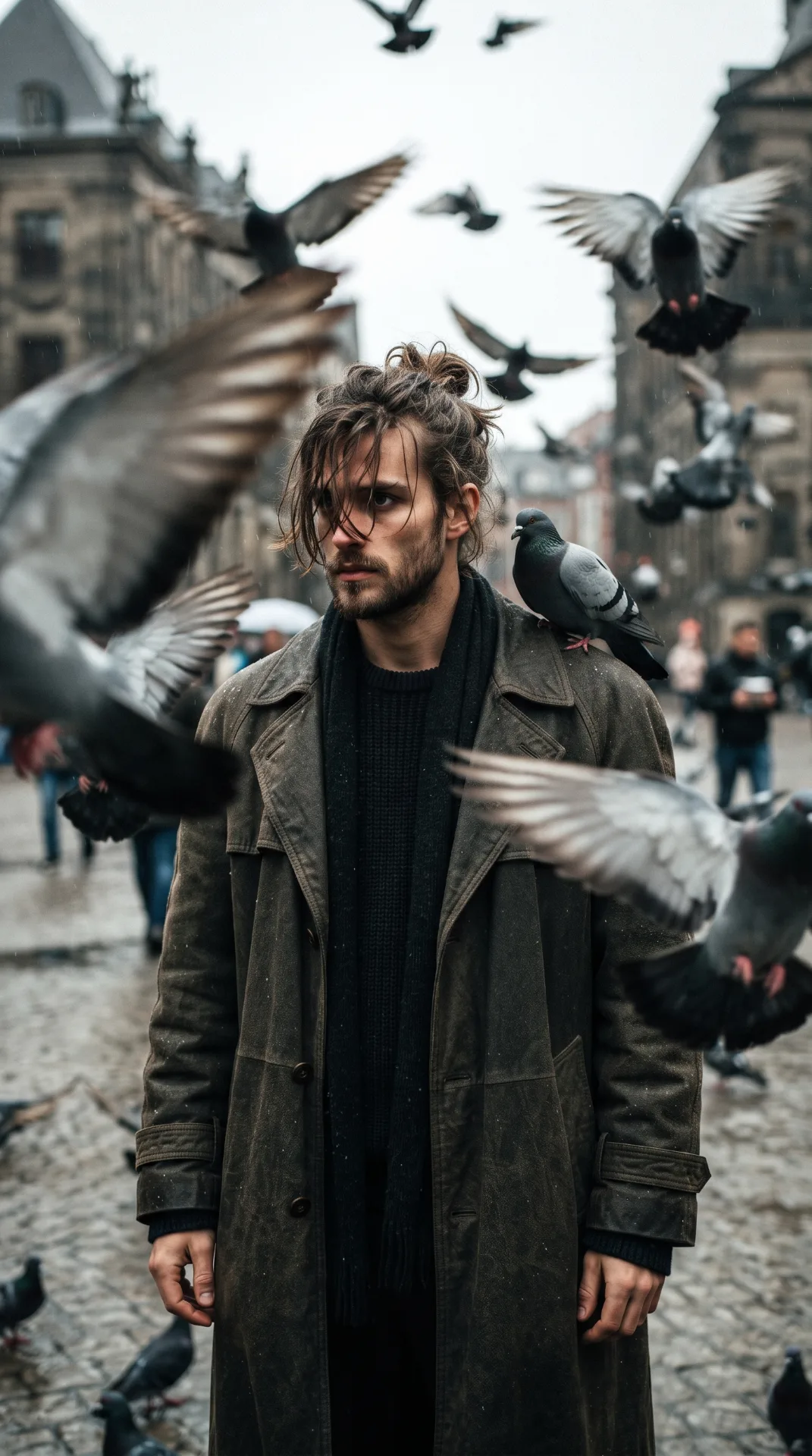 48k Hyper-realistic, A cinematic portrait of a young man(keep the facial features unchanged as uploaded image), his hair is messy manbun