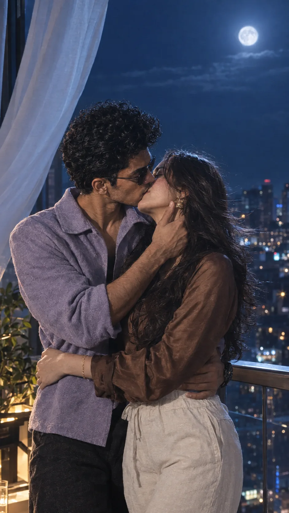 Using the uploaded photo, generate a romantic scene of the couple sharing a gentle kiss on a balcony under moonlight.