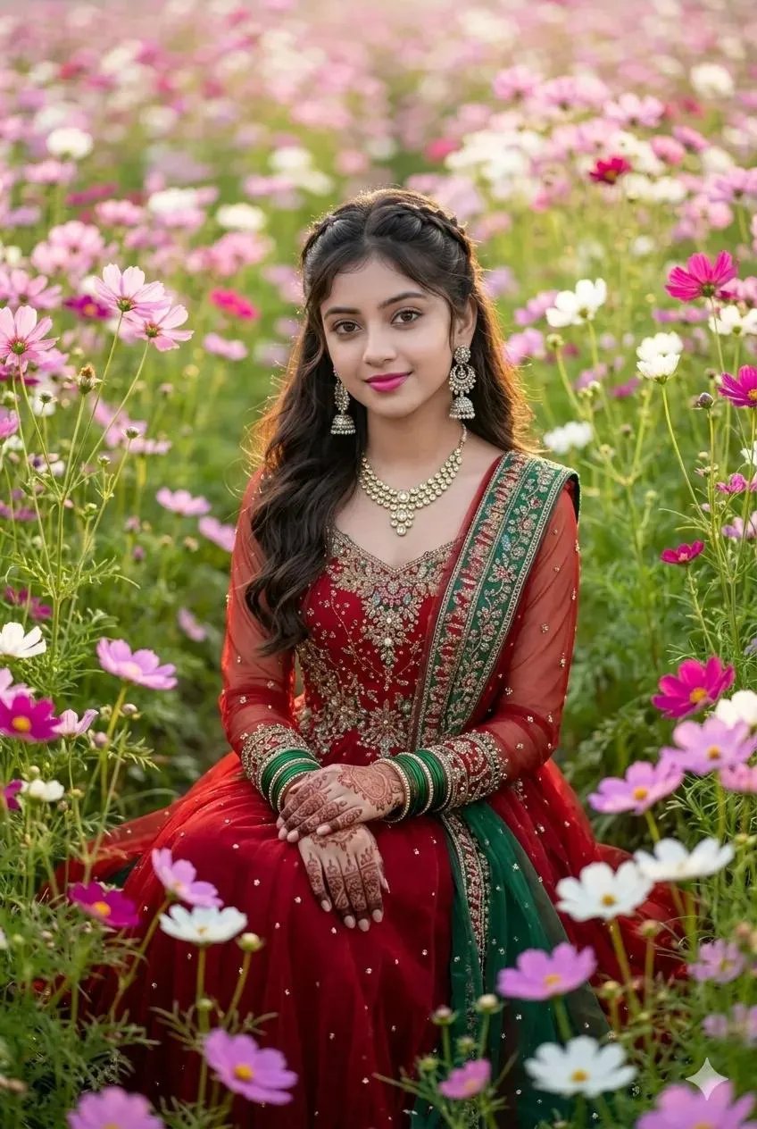 A portrait cinematic, ultra-realistic portrait of a beautiful young South Asian woman sitting gracefully in the middle of a vibrant bloom