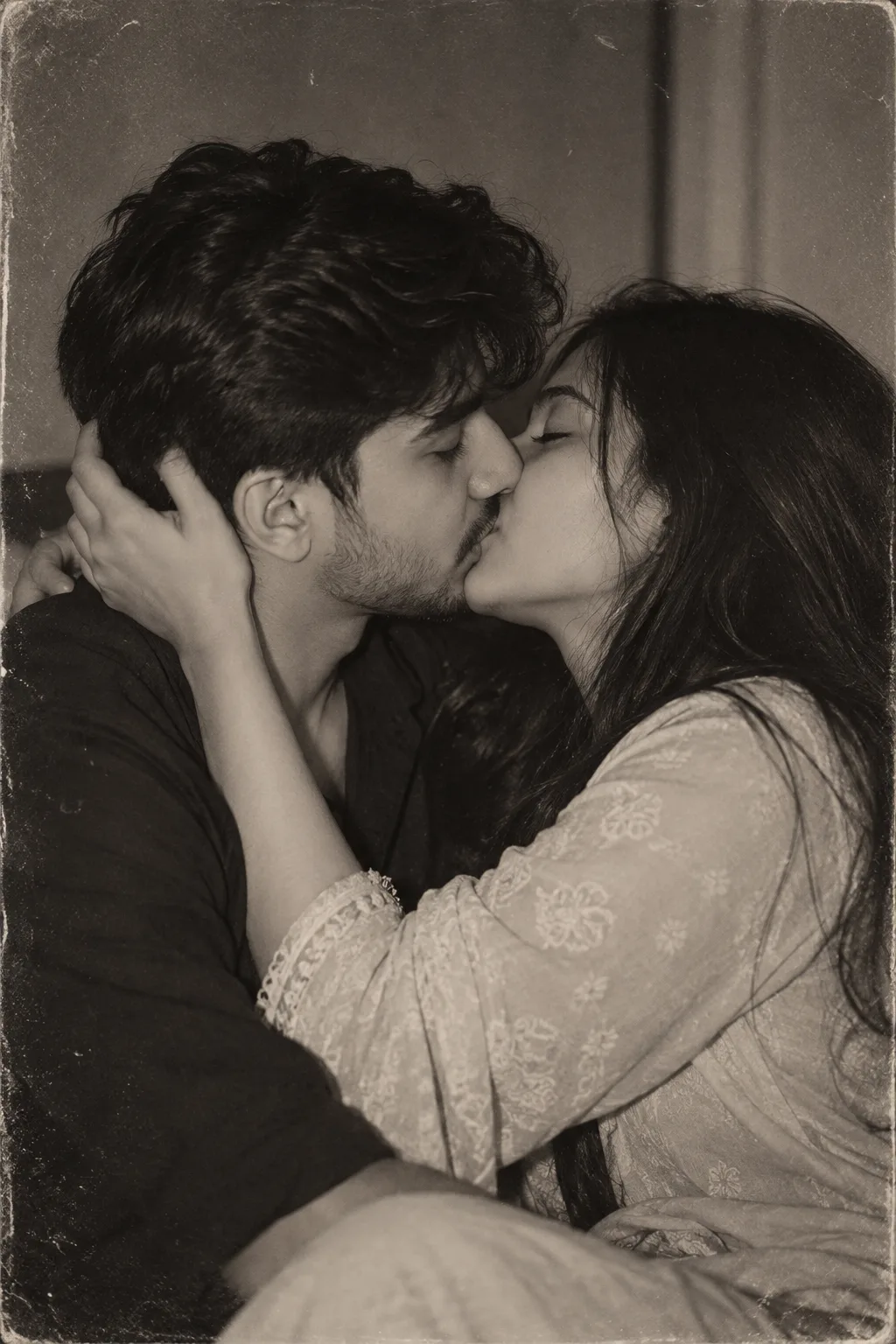 > Create an ultra-realistic vintage black-and-white intimate couple portrait based closely on the uploaded reference image.