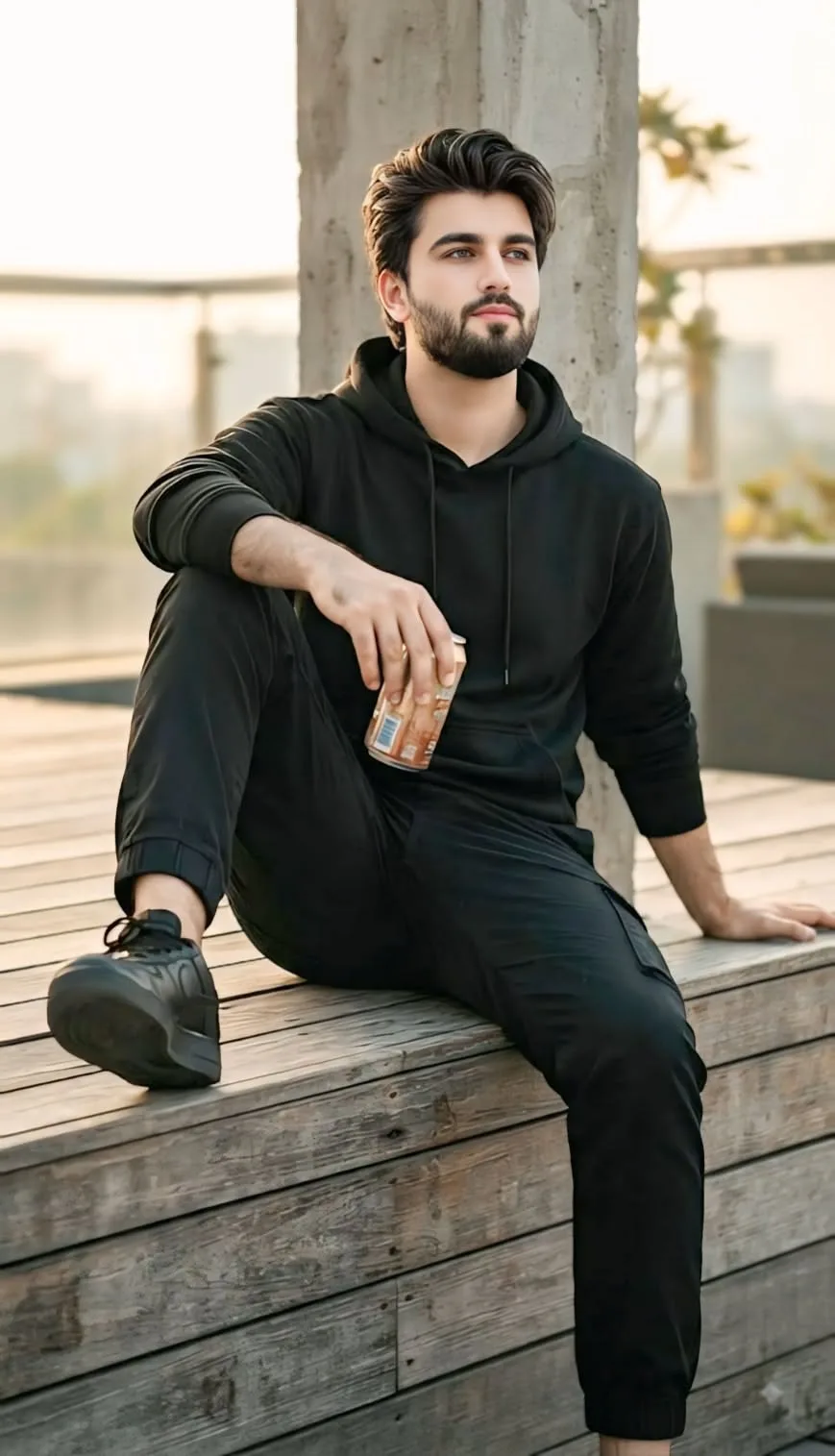 "A realistic 4k cinematic full-body portrait of a handsome 24-year-old South Asian man with a well-groomed thick beard and stylish,
