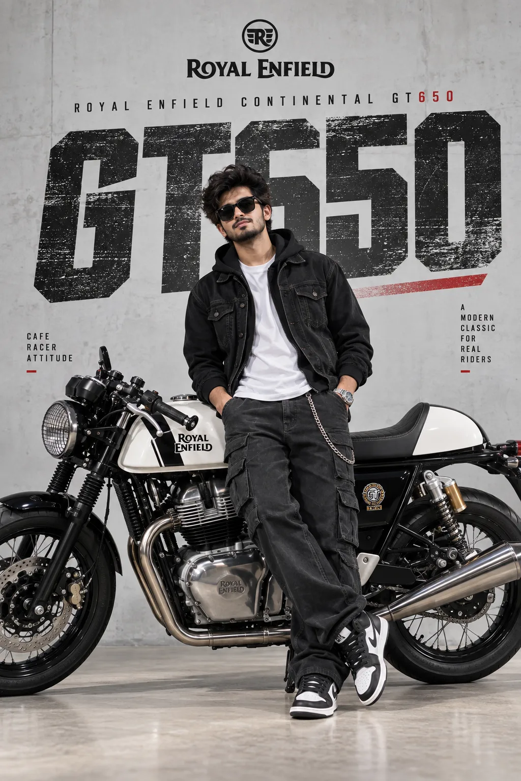 A photorealistic, high-resolution commercial fashion shot of a young man casually leaning against a white and black Royal Enfield