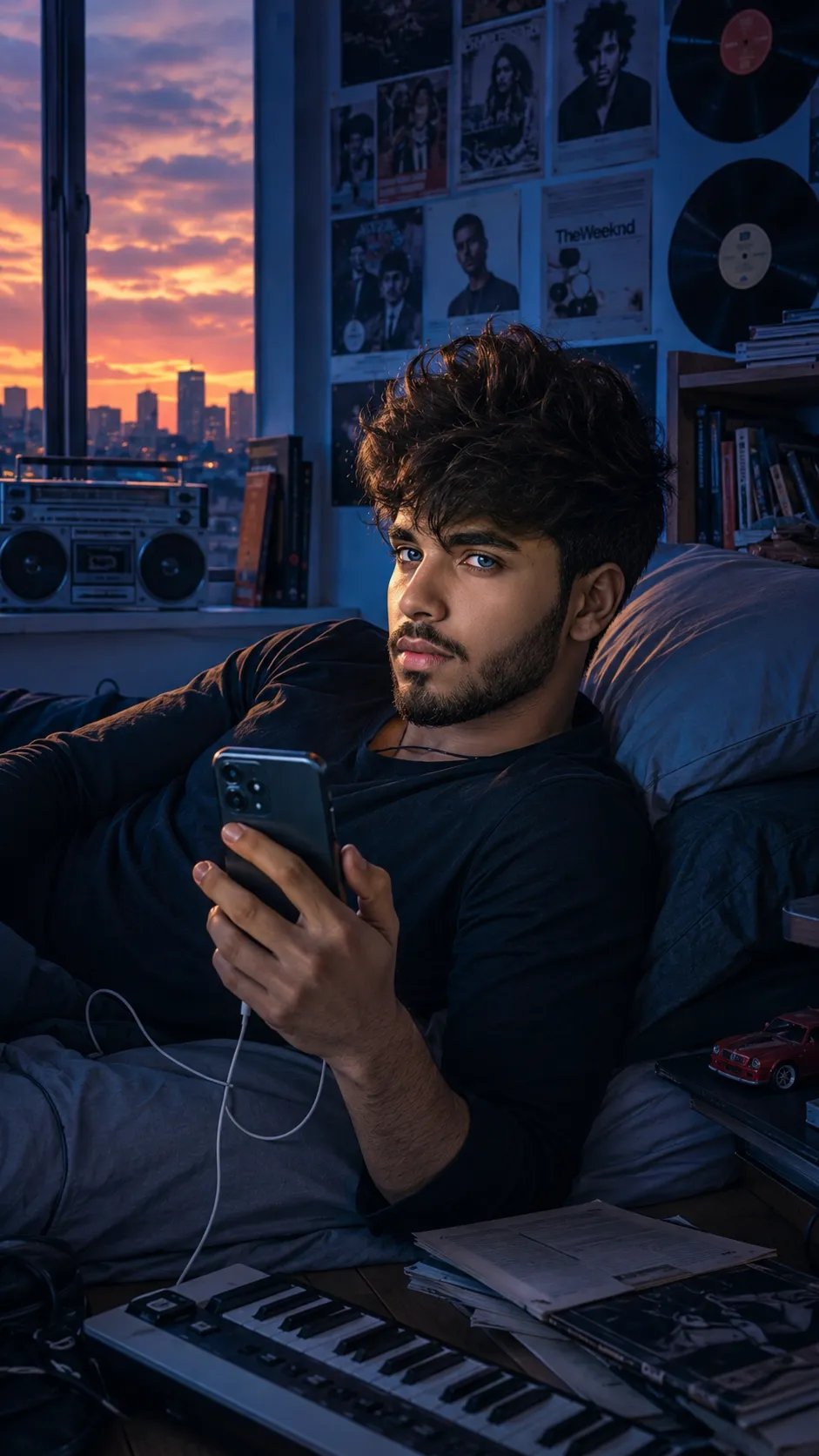 Subject: An Ultra-realstic of young indian man with messy voluminous spiky brown hair gently blowing the wind and blue eyes is lying on a