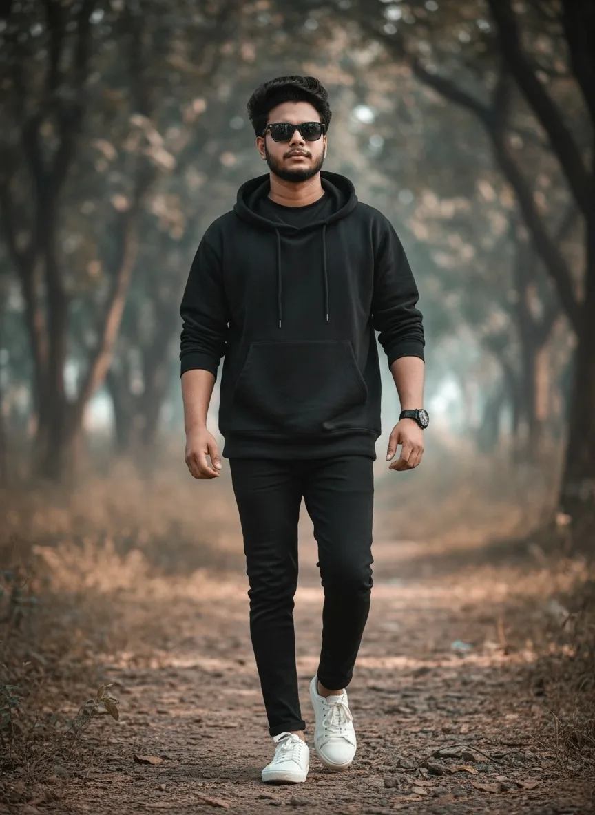 Ultra-realistic cinematic full-body fashion photograph of a young South Asian man walking naturally toward the camera along a narrow dirt