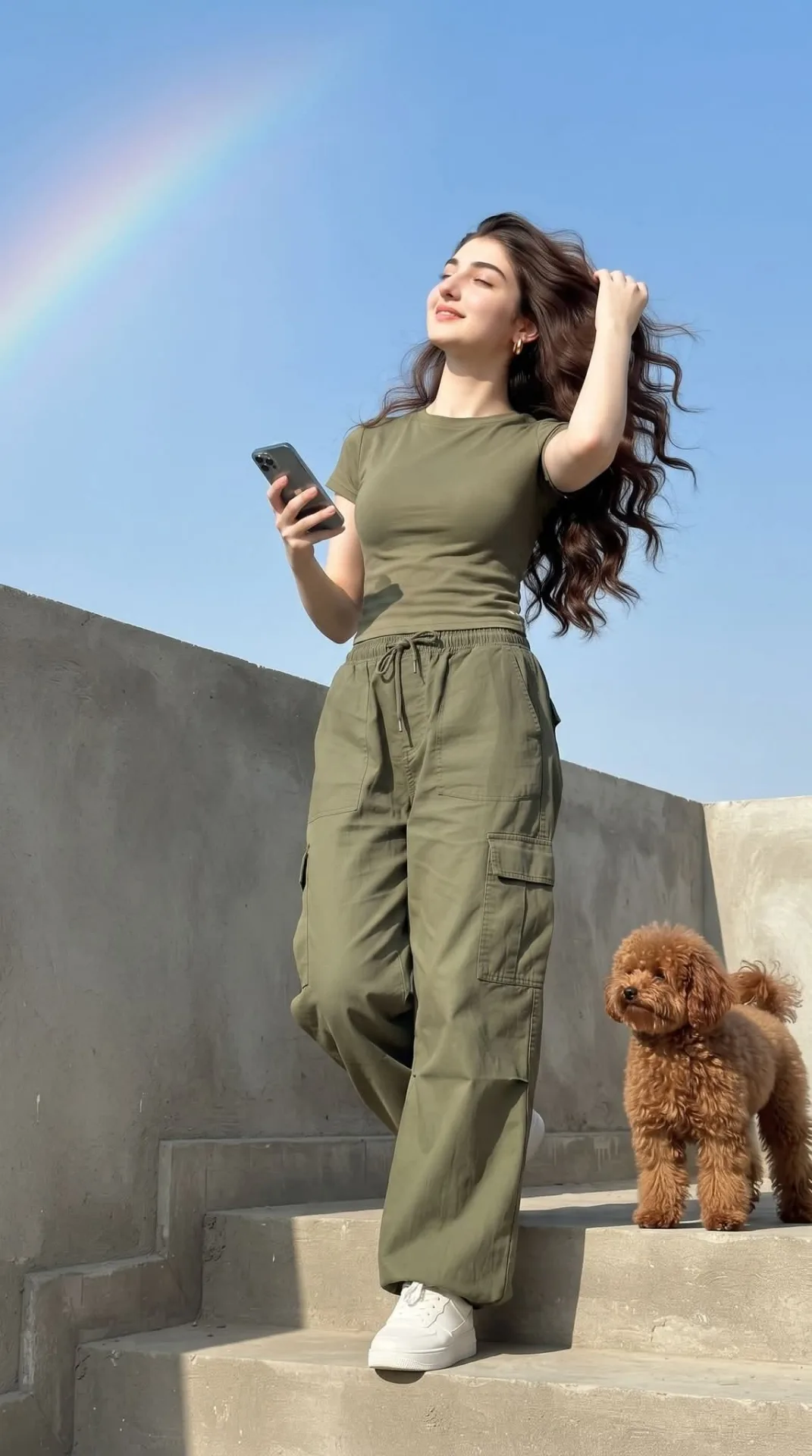 "A realistic outdoor lifestyle photograph of a young woman with long, wavy brown hair walking down concrete outdoor steps under a clear
