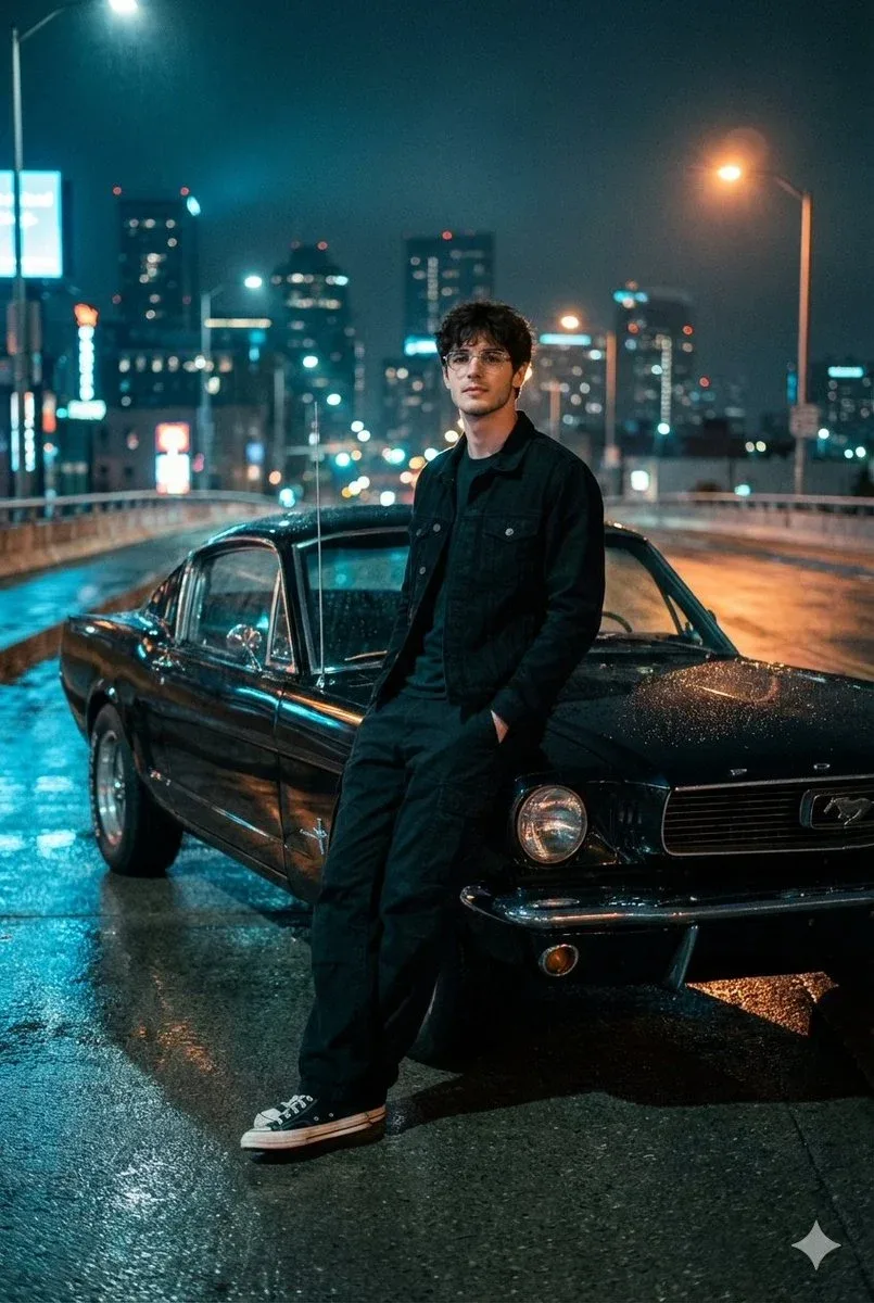 A Cinematic Night Photo On A Dimly Lit Urban Overpass With A View Of The City Skyline.