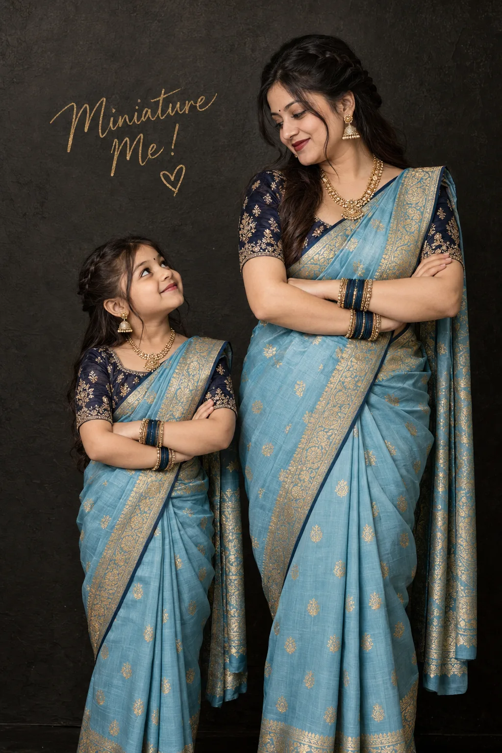 A realistic studio portrait of an adult South Asian woman and a young girl standing side-by-side against a dark textured black wall
