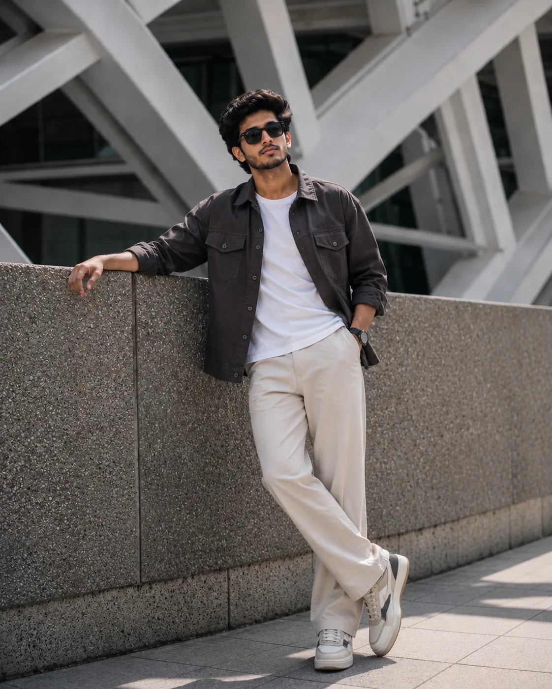 Create a highly realistic, fashionable full-body outdoor portrait of a stylish young Indian man in a modern architectural setting.