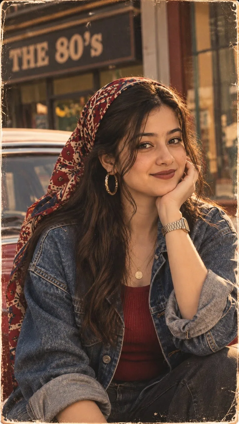 Create an ultra-realistic vertical 9:16 Gen Z × 1980s vintage-film portrait of a beautiful fictional young Indian woman sitting casually