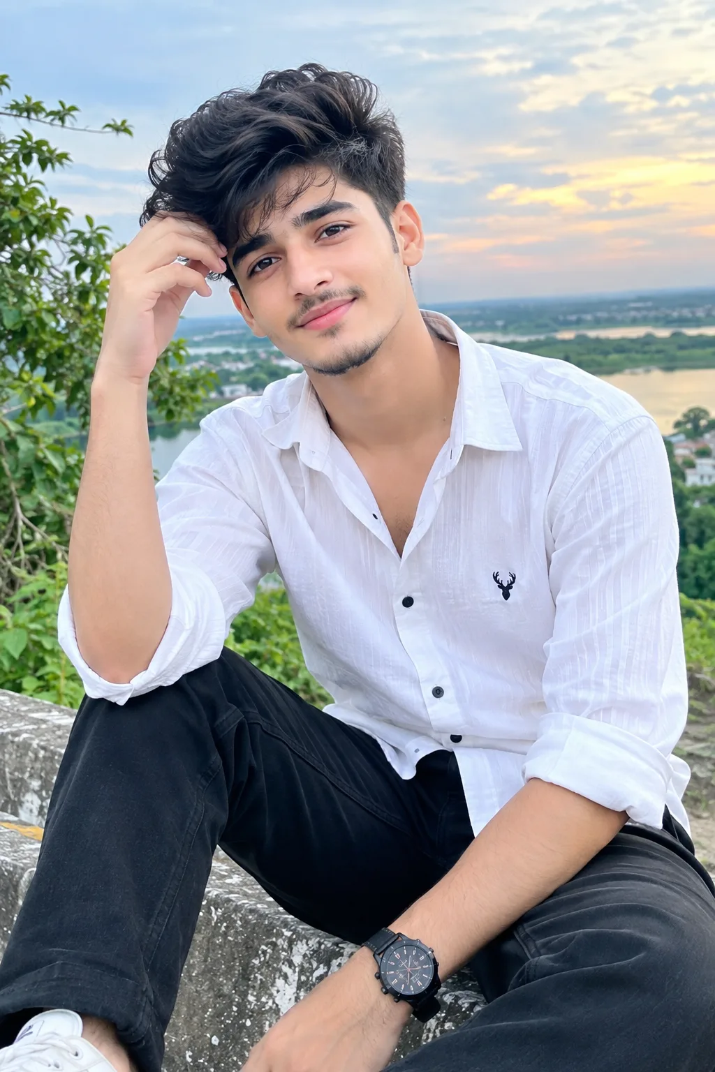 A handsome young South Asian male model wearing a stylish white textured button-up shirt, black pants, a black wristwatch, and white