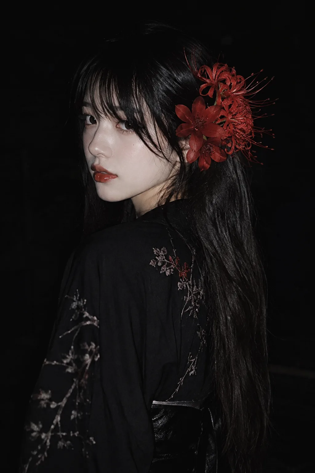 a girl in side profile pose, looking back at camera, long straight black hair, soft bangs, big red spider lily and red daylily flower on
