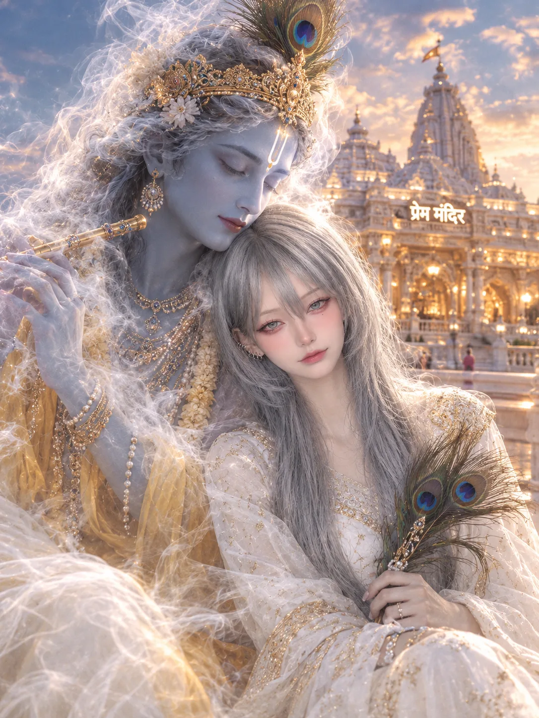 Ultra-realistic cinematic portrait of a man sitting gracefully beside a divine krishna figure made entirely of ethereal smoke in front of
