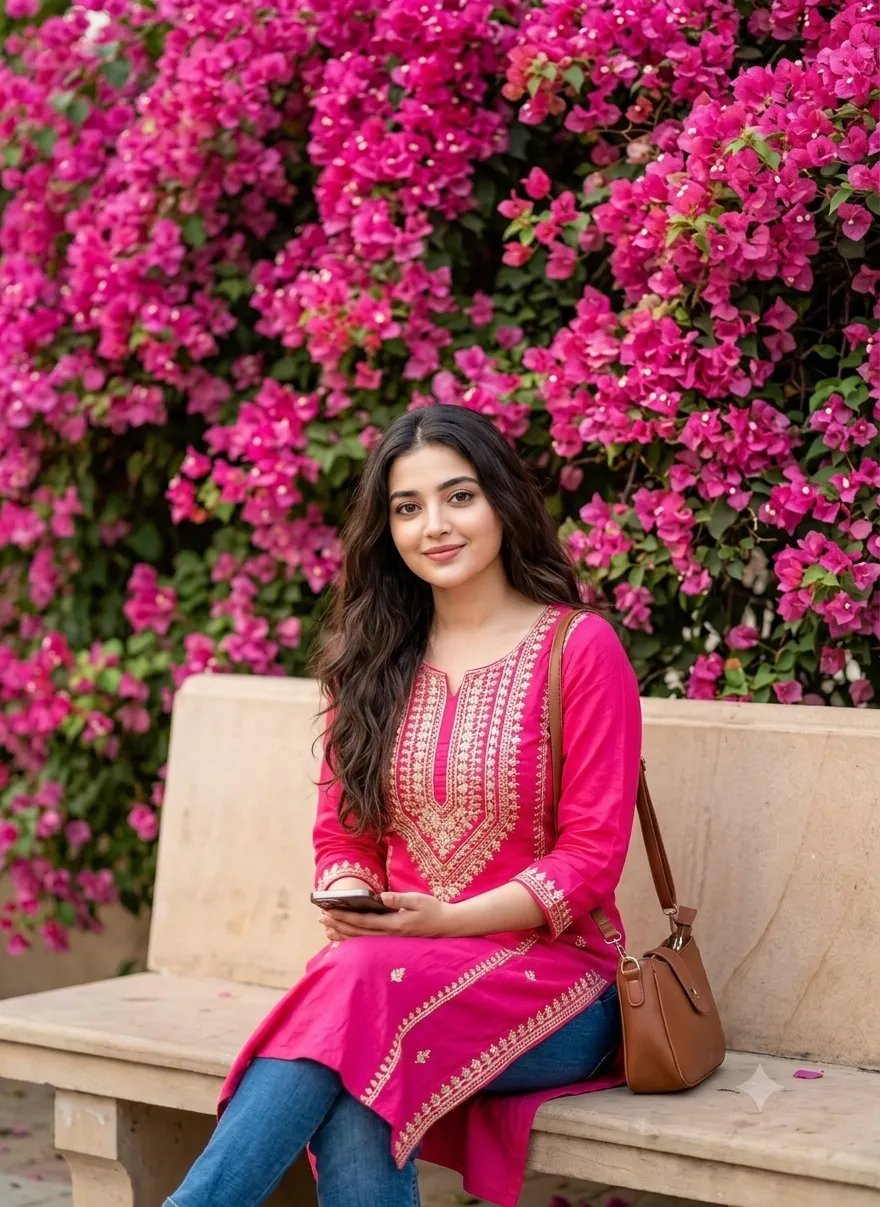South Asian Woman, Bougainvillea Wall