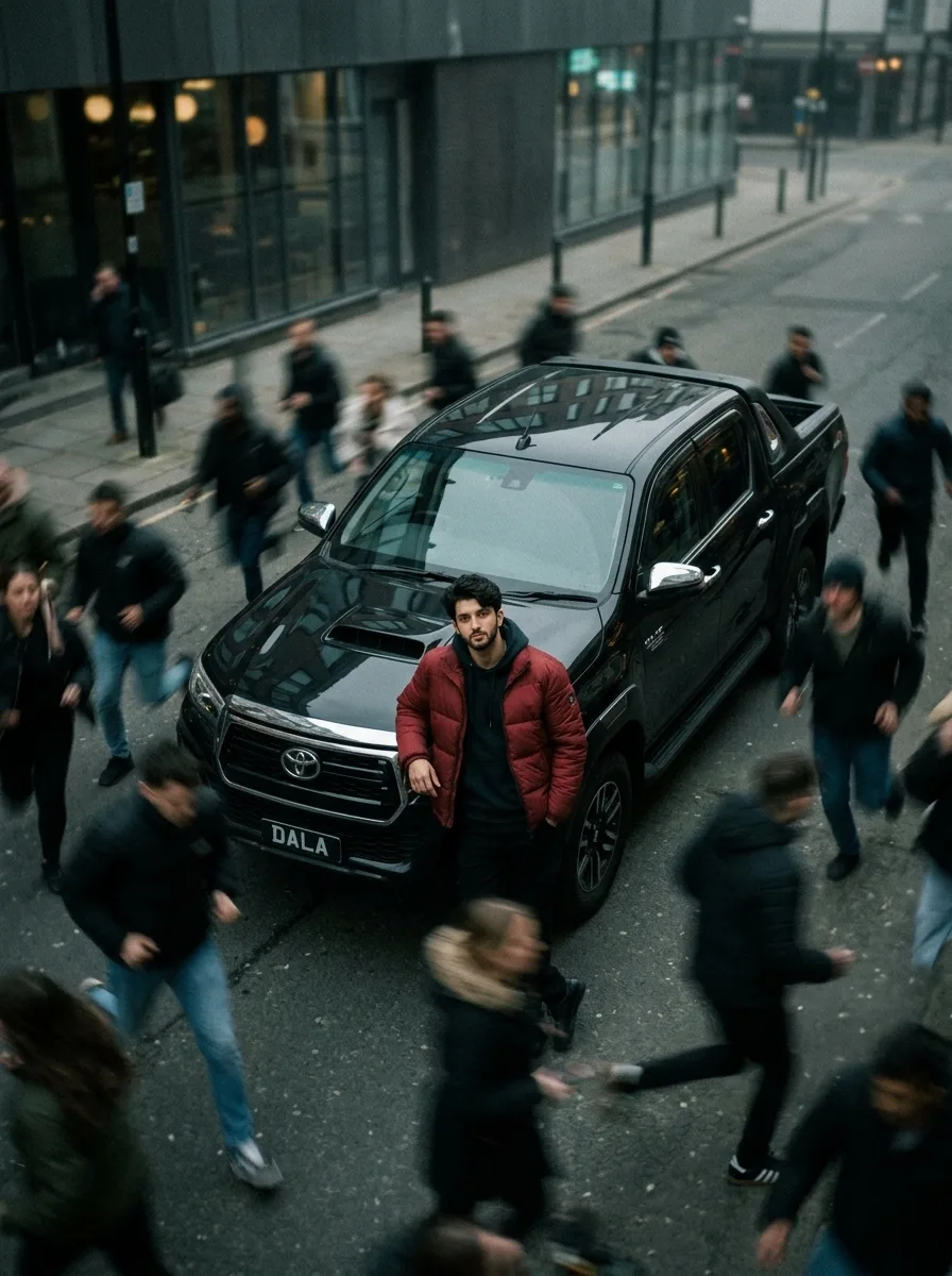 An aerial cinematic shot of me leaning against a black Toyota Hilux DALA on the street, wearing a hude under a red jacket.