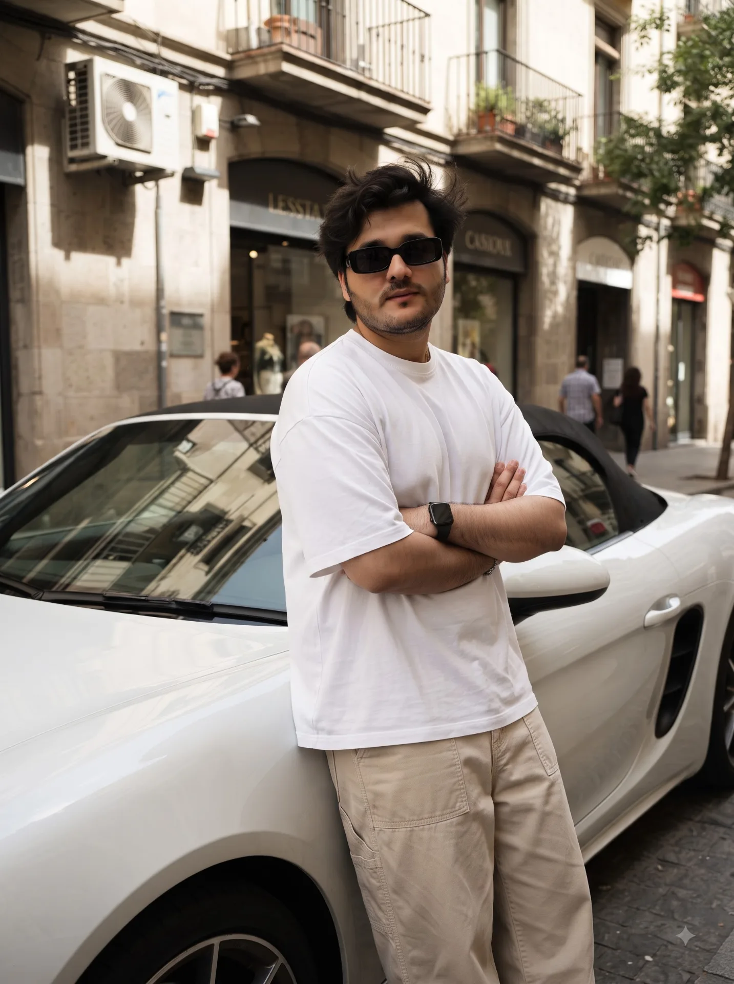 Create an ultra-realistic, premium cinematic street-style automotive fashion photograph** of a stylish young male standing confidently on a