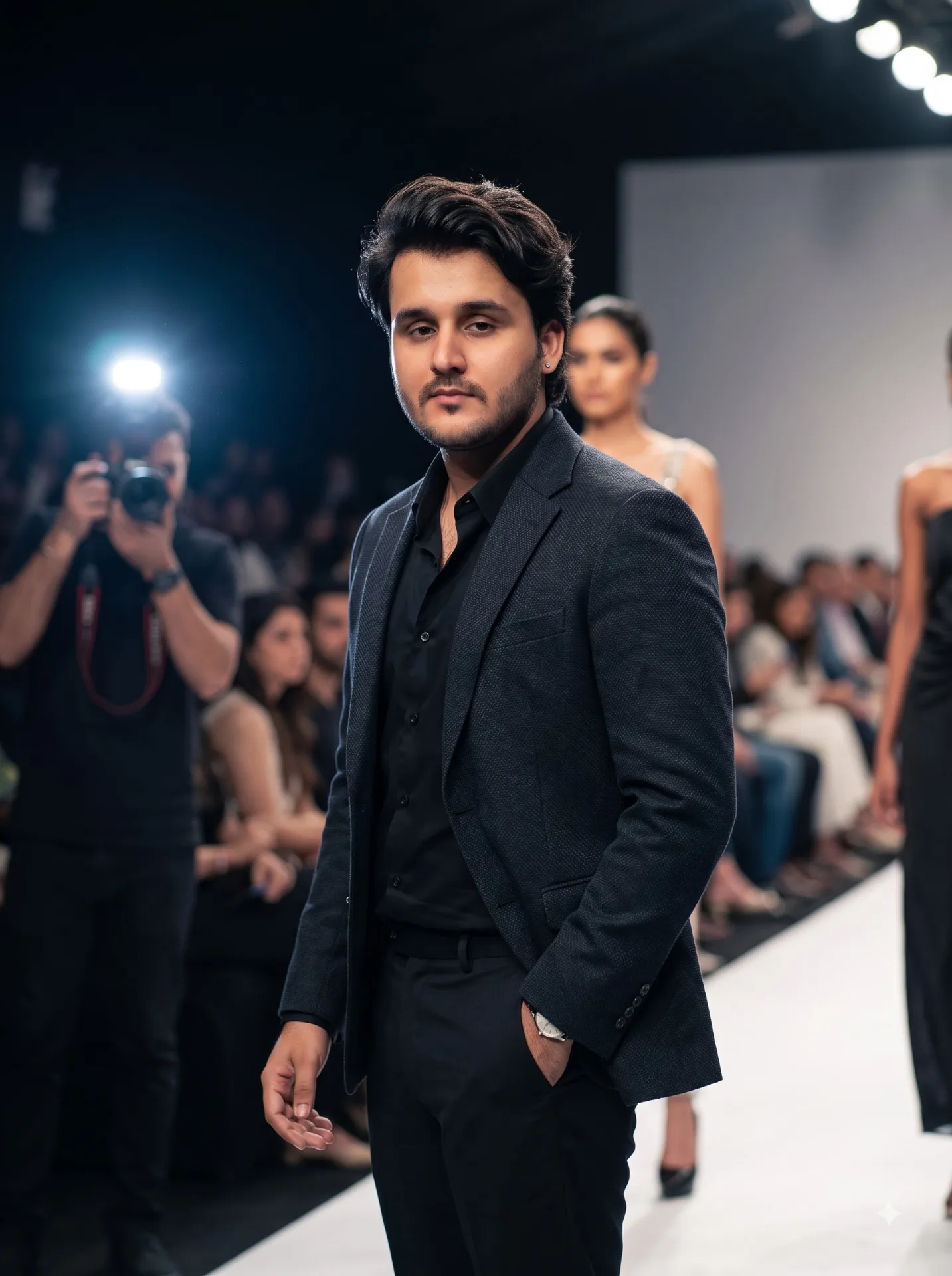 Create an ultra-photorealistic, hyper-realistic cinematic professional DSLR fashion photograph with a completely natural, authentic,