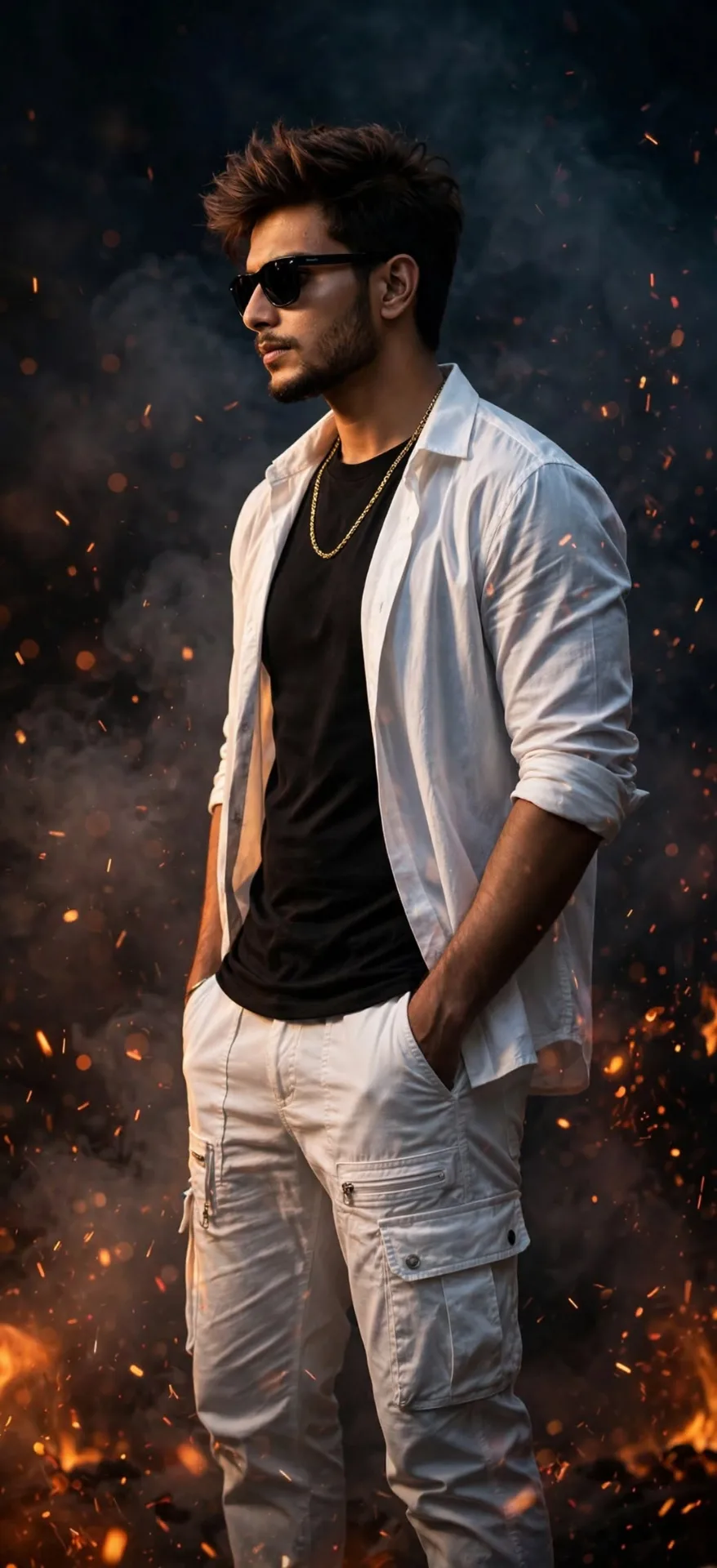 A stylish young Indian man walking towards camera, wearing black t-shirt, white open shirt, white cargo pants, white sneakers, gold chain,