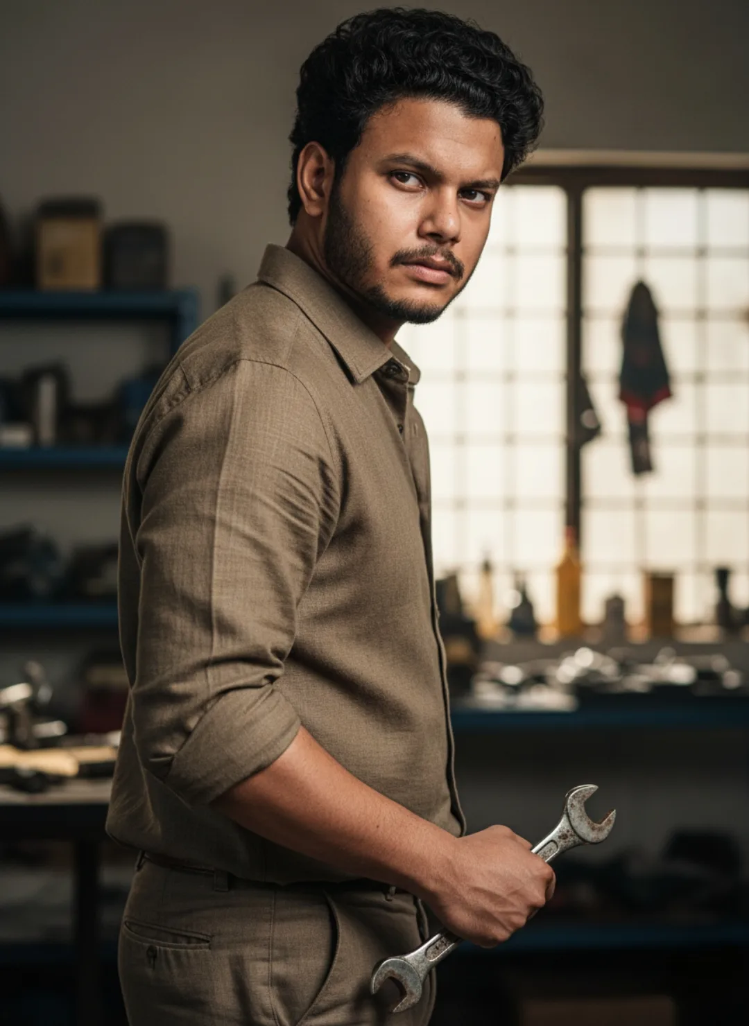 Cinematic portrait of a young man in a dim industrial workshop, three-quarter profile, standing and holding a worn metal double-ended