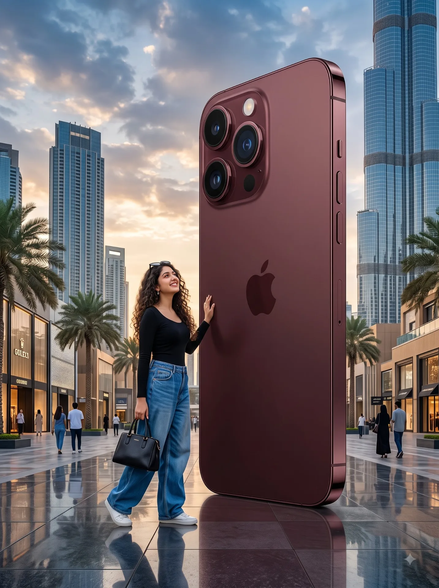 Create a hyper-realistic, cinematic scene of a fashionable young woman in a modern city plaza, standing next to an absolutely gigantic