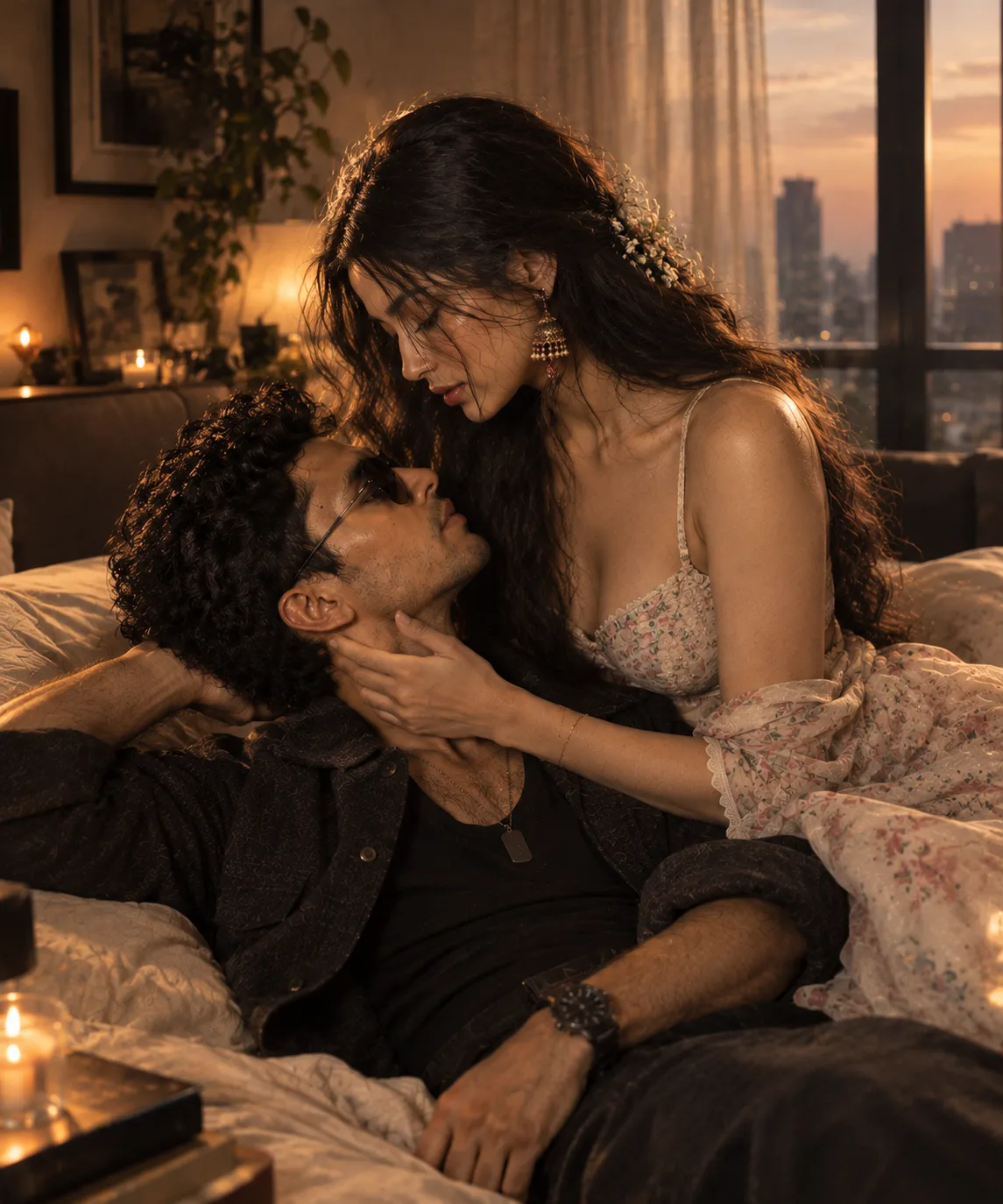 Prompt: > Ultra-realistic cinematic romantic portrait of a young South Asian couple in a cozy luxury bedroom during golden hour.