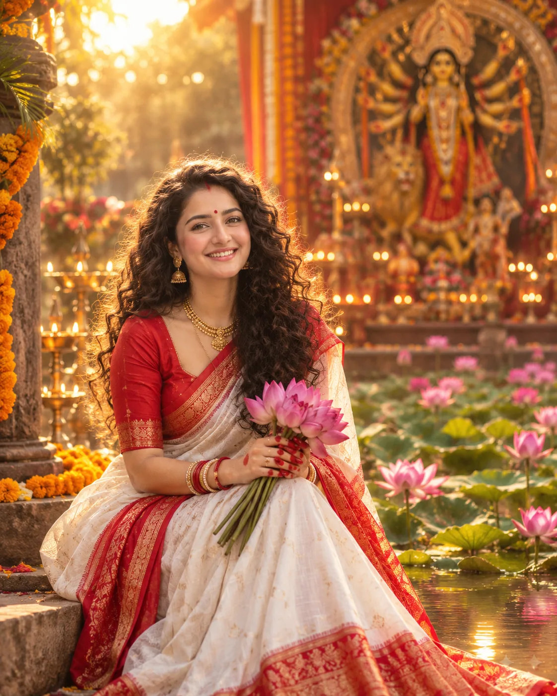 Cinematic Durga Puja poster of a beautiful South Asian 22 year old girl sitting near a lotus pond holding a bouquet of pink lotus flowers.