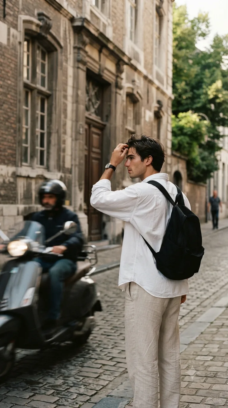A cinematic street photography portrait of a young man standing in front of an old historic stone-and-brick building with large vintage