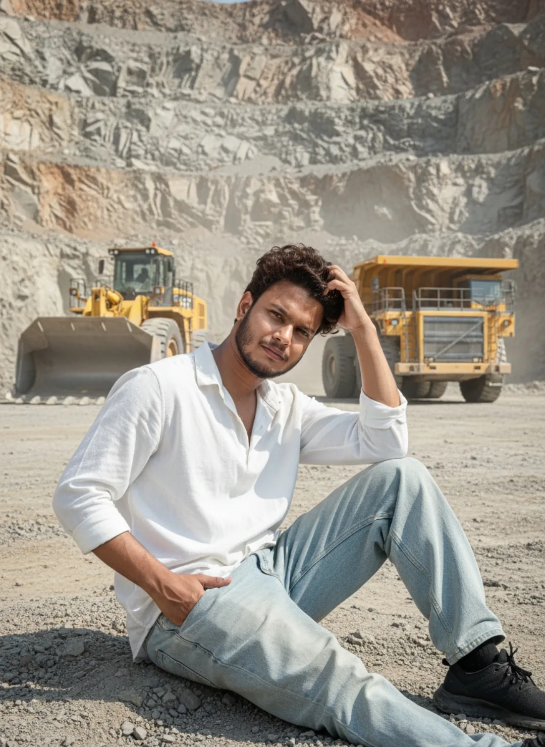 A young man with dark, curly hair and a beard, sitting on the ground in a dusty quarry or construction site.