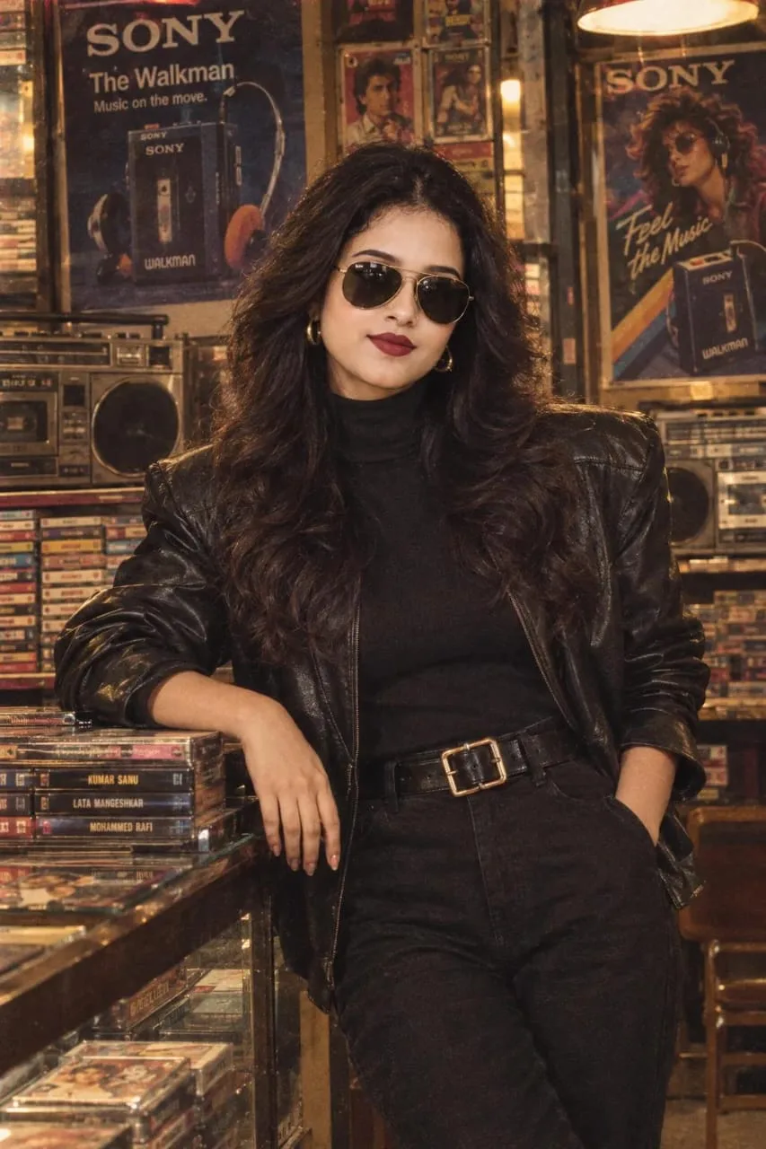 A 1980s retro-style medium portrait shot of a young South Asian woman with voluminous, dark, wavy hair styled with 80s layered volume.