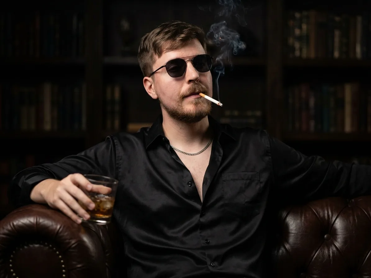 A stylish man in his late 20s, with a relaxed and confident expression, sitting on a dark brown leather Chesterfield sofa.