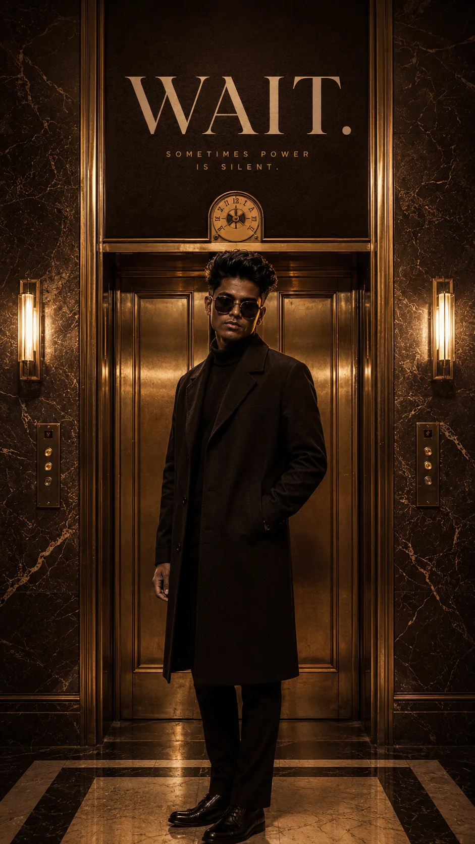 Premium editorial campaign.Main Subject: Young man standing inside a vintage elevator lobby.Creative Direction: Brass elevator doors and