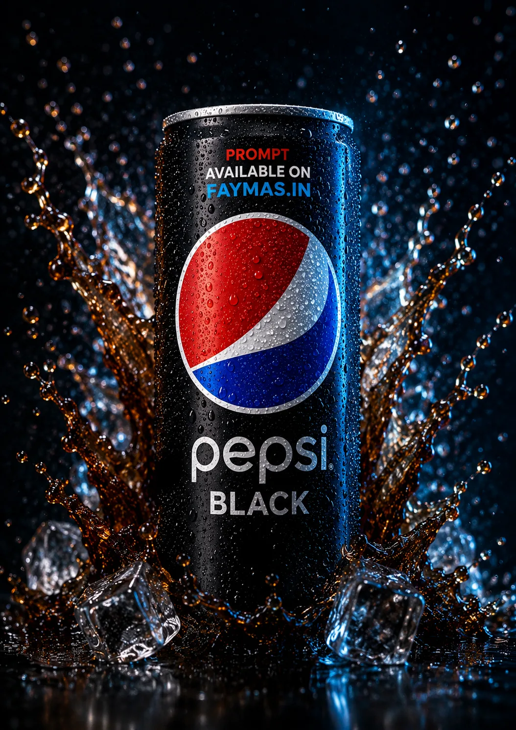 Hyper-realistic cinematic product photograph of a Pepsi Black can, front-facing and perfectly legible, ice-cold surface covered in crisp