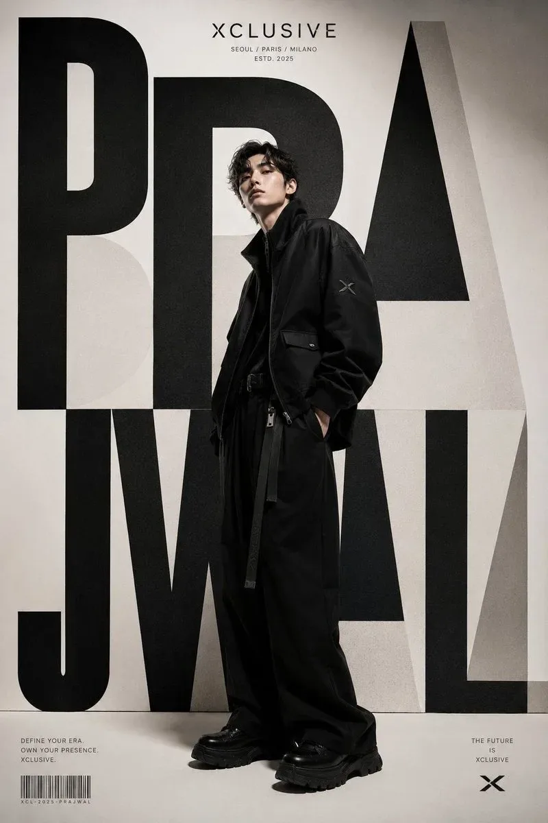 A world-class luxury fashion editorial poster for XCLUSIVE, inspired by contemporary Korean luxury streetwear campaigns and high-end