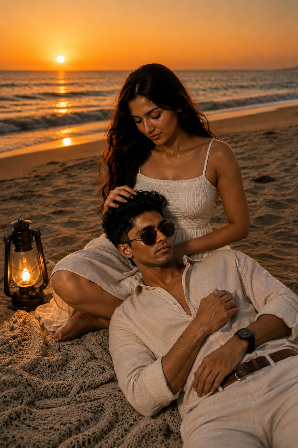 are a young couple of South Asian descent, sharing a tender moment on a sandy beach during the golden hour, creating a warm, romantic